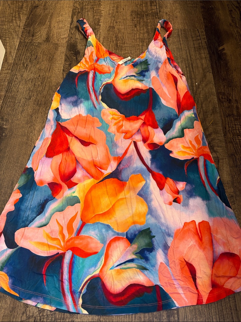 Soma Cool Nights Bright Floral Chemise Dress in Coral, Navy & Orange - Picture 4 of 4